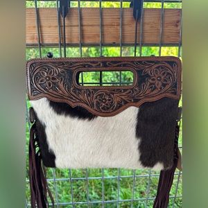 Black/Brown & white cowhide w/ tooled leather